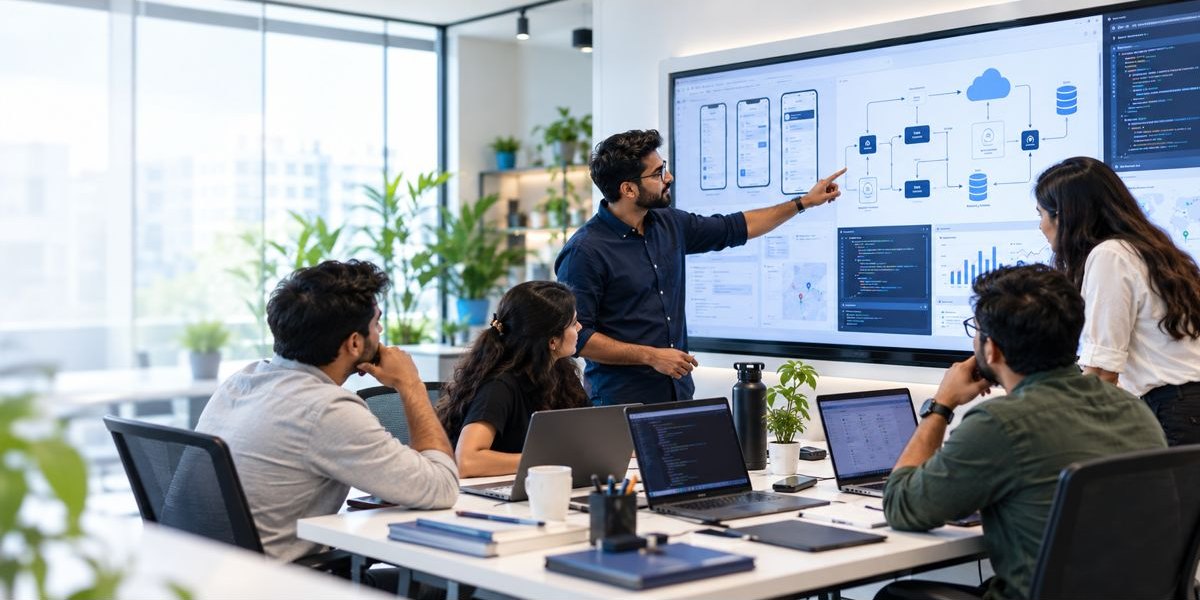 A product team reviewing app screens and a system architecture diagram on a large display in a bright office